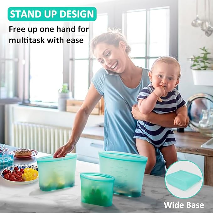 Reusable Food Bags, 8 Pack 100% Silicone Food Storage Bags Stand Up Zip Lock Container, Freezer Microwave Oven Dishwasher Safe, 4 Medium 2 Small 2 Extra Small, Aqua
