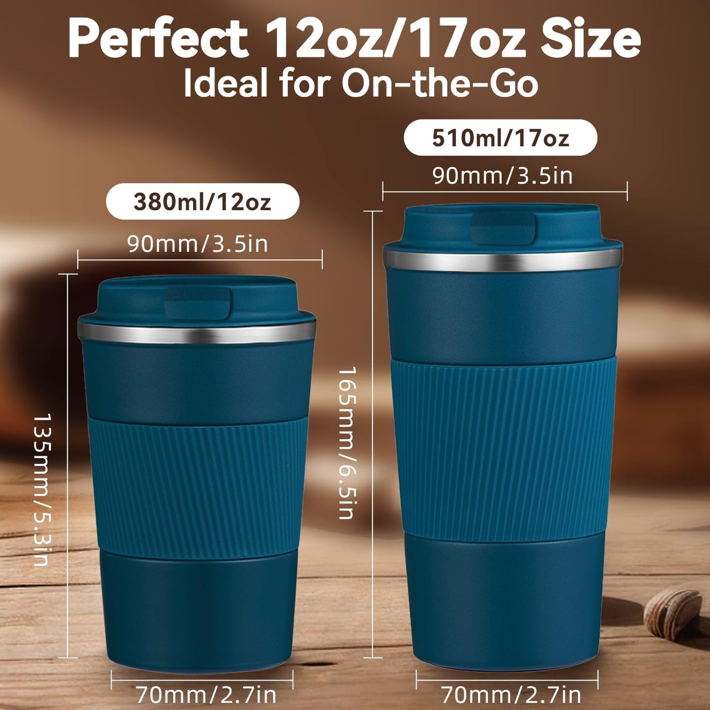 12OZ Travel Coffee Mug Insulated Coffee Cup with Spill Leak Proof Lid, Portable Stainless Steel Tumbler Reusable Hot and Cold Water Mug for Car, Daily, Camping- Blue