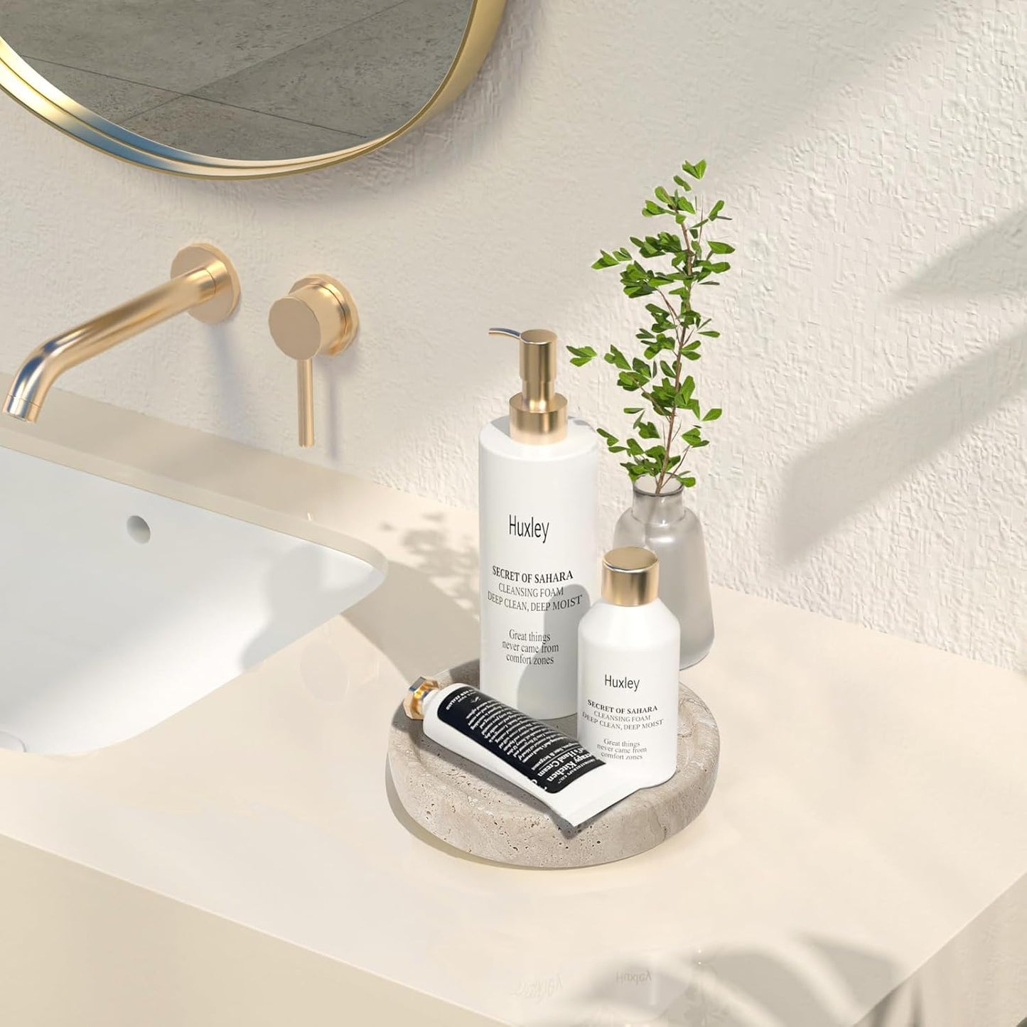 Travertine Tray, Small Ceramic Vanity Tray for Bathroom Counter Decor, Round Marble Decorative Trays for Coffee Table (Beige, Small Size)