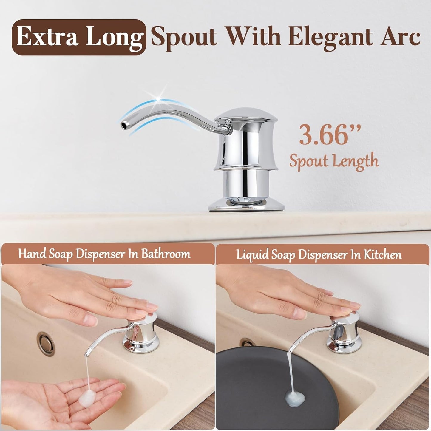 Built in Soap Dispenser for Kitchen Sink Countertop, Solid Brass Pump Head Long Spout with 10.2 Ounce PET Food Safe Material Lotion Bottle, Chrome Finish