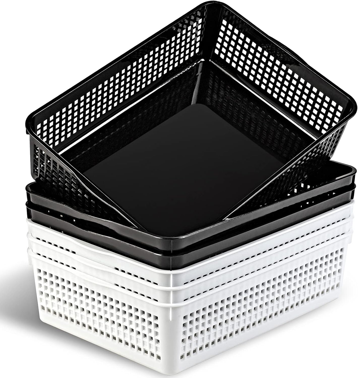 A4 Size Plastic Storage Basket,Desktop File Paper Letter Organizer Tray, 6-Packs (White+Black)
