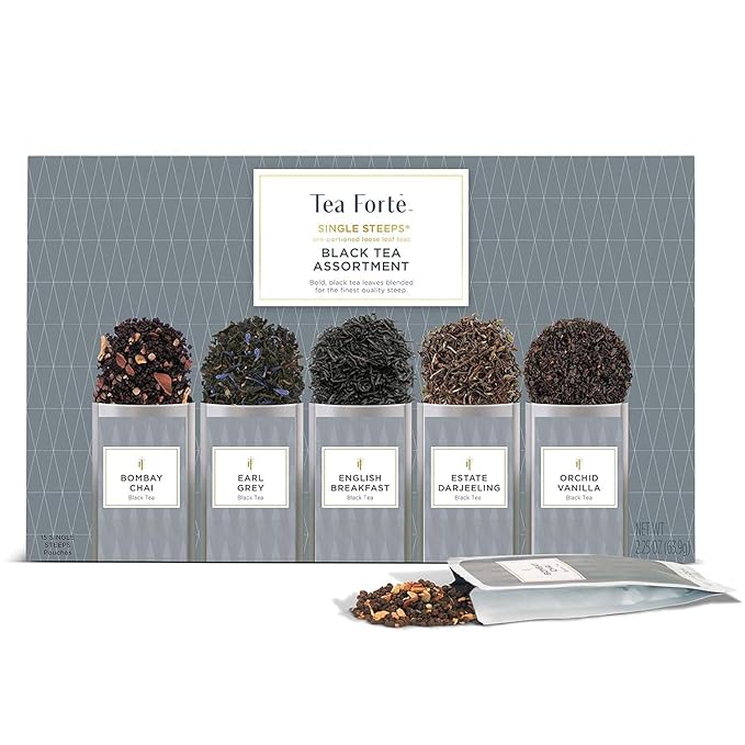 Tea Forte Black Tea Assortment Single Steeps Loose Leaf Premium Tea Gift Set Sampler, 15 Count 3 of Each Assorted Blends, Pre-Portioned Single Serve Pouches, Steeps 12 oz
