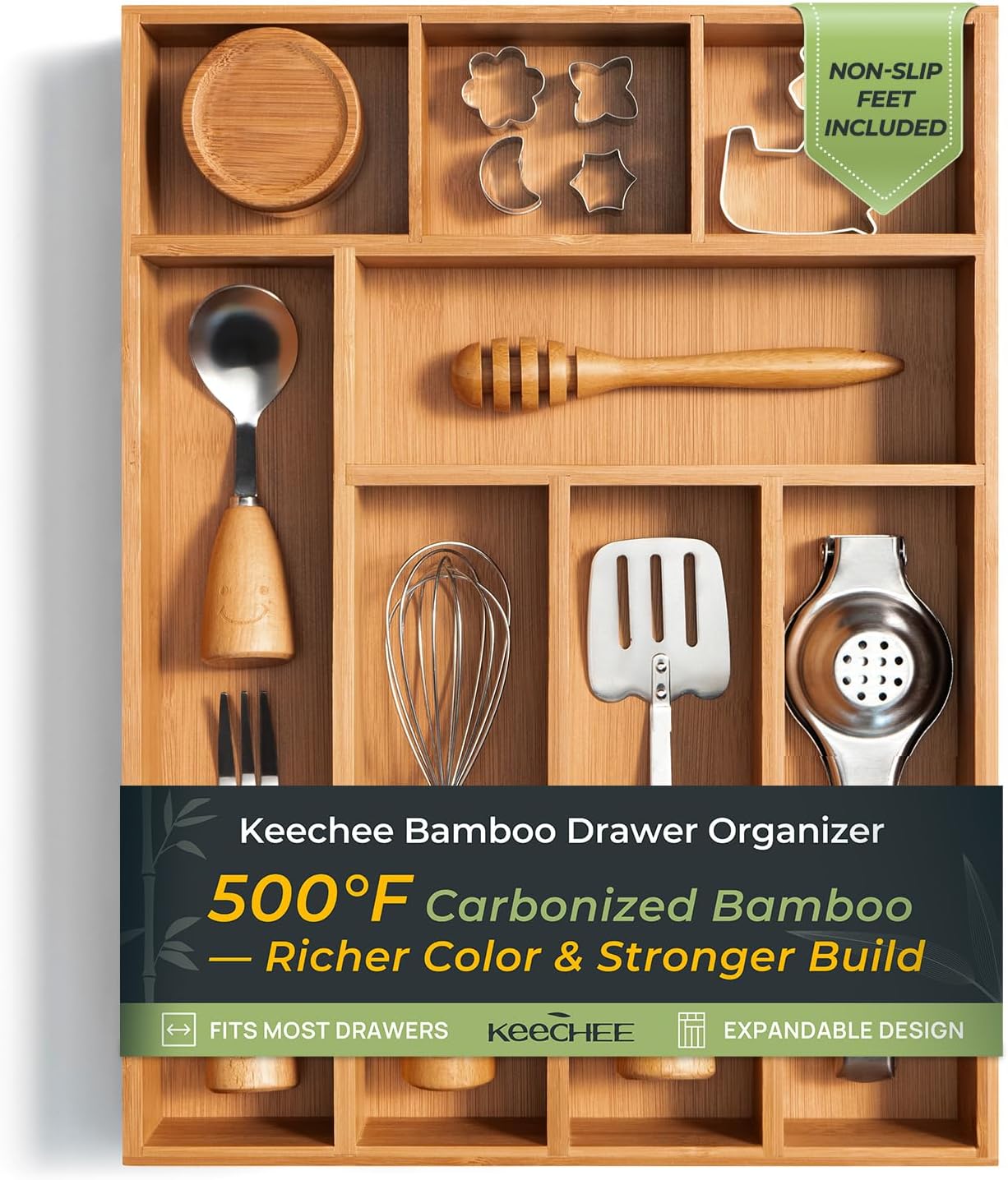 Carbonized Bamboo Kitchen Drawer Organizer, 8 Slots Silverware Organizer, Utensil Holder & Cutlery Tray, 2.2" Deep for Extra Capacity, Non-Slip Feet Included
