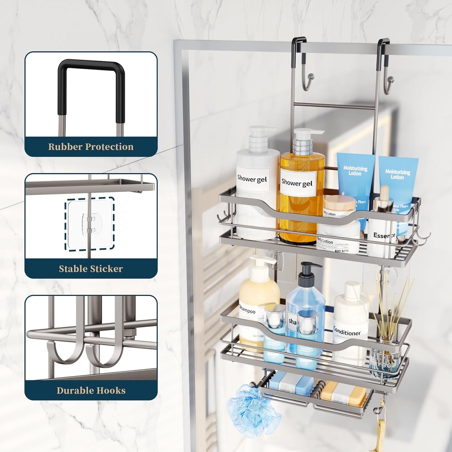 Consumest Over The Door Shower Caddy - 3 Tier Shower Organizer Hanging with Soap Holders, Large Capacity Shower Shelves with 6 Hooks, Bathroom Rack and Storage, Sand Nickel