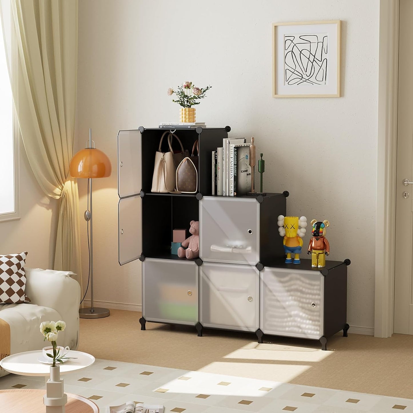 Cube Storage Organizer, 6-Cube Shelves Unit with Doors, DIY Stackable Plastic Clothes Organizer for Bedroom and Under Stairs Storage Unit, Each Compartment 30 x 30 x 30 cm Black ATTSL6001