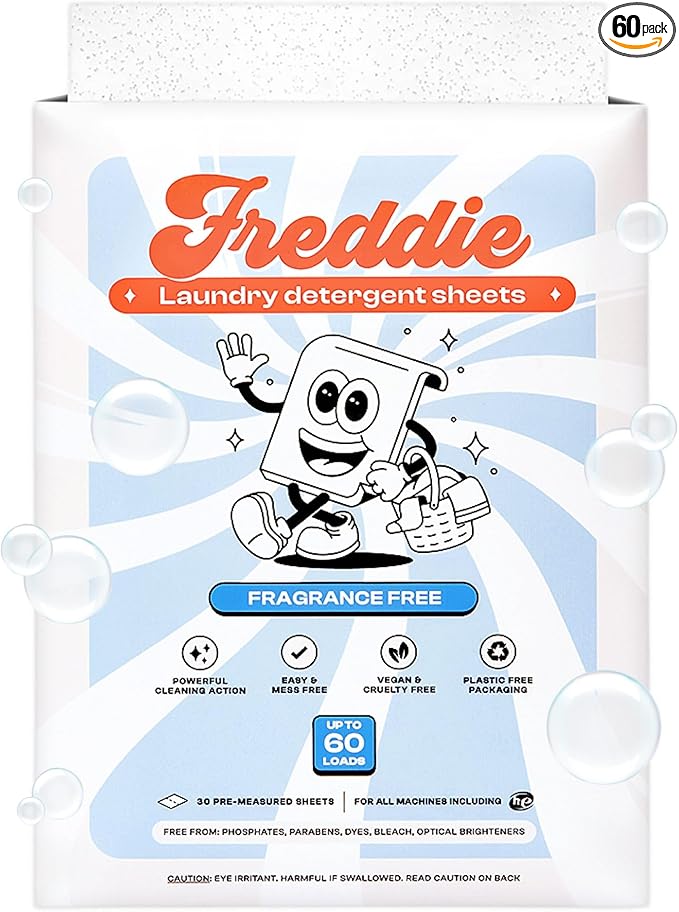 Freddie Low-Waste Laundry Detergent Sheets – Jug Free Format – Pre-Measured Strips – 60 Loads – Unscented for Sensitive Skin