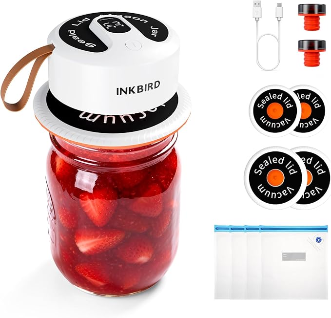 INKBIRD 2025 Upgrade 3-in-1 Electric Mason Jar Vacuum Sealer Kit for Wide/Regular Mouth Canning Jars & Bags, Wireless Portable & Automatic Jar Sealer with Reusable Mason Jar Lids*4, 100 Cycles, Gift
