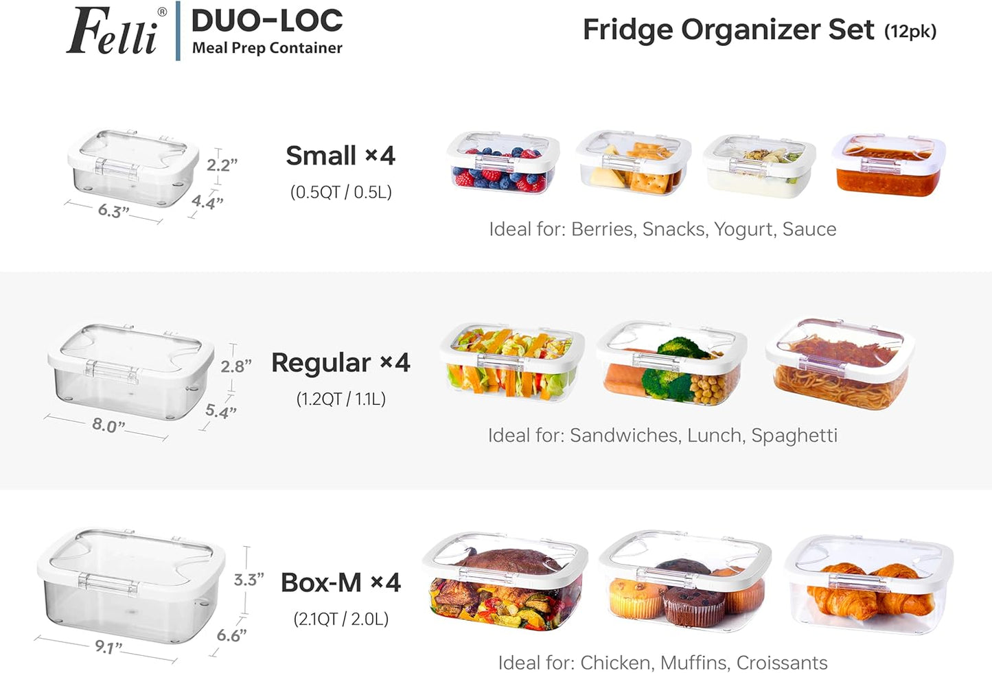 Felli Duo Loc Meal Prep Container for Refrigerator, Leak Proof Stackable Kitchen Tupperware for Leftovers Food Storage Travel Lunch Container, Christmas Gift for Her (Fridge Organizer 12pk)