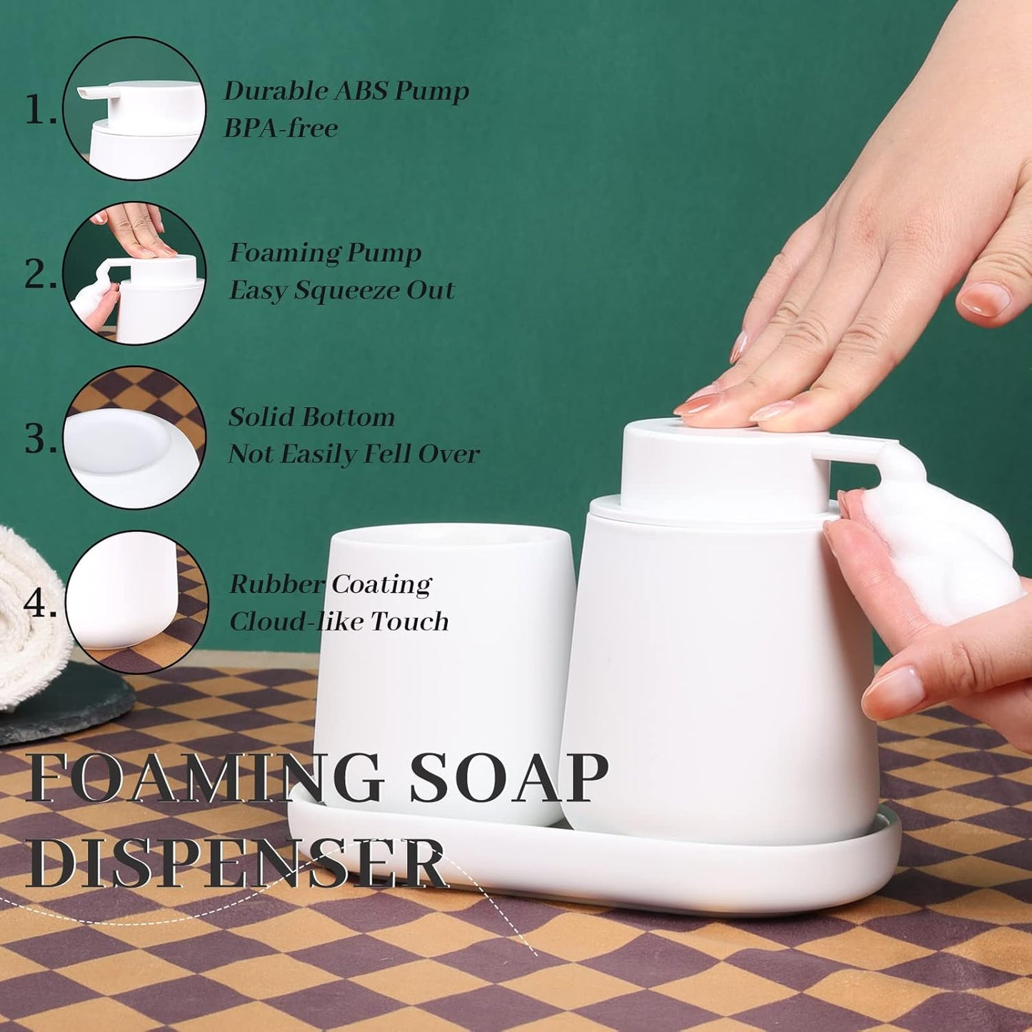 BosilunLife Bathroom Accessories Set 3 pcs - Bathroom Ceramic Foaming Soap Dispenser Set Farmhouse White Bathroom Decor, Foam Soap Dispenser and Toothbrush Holder/Tumbler Cup, Tray