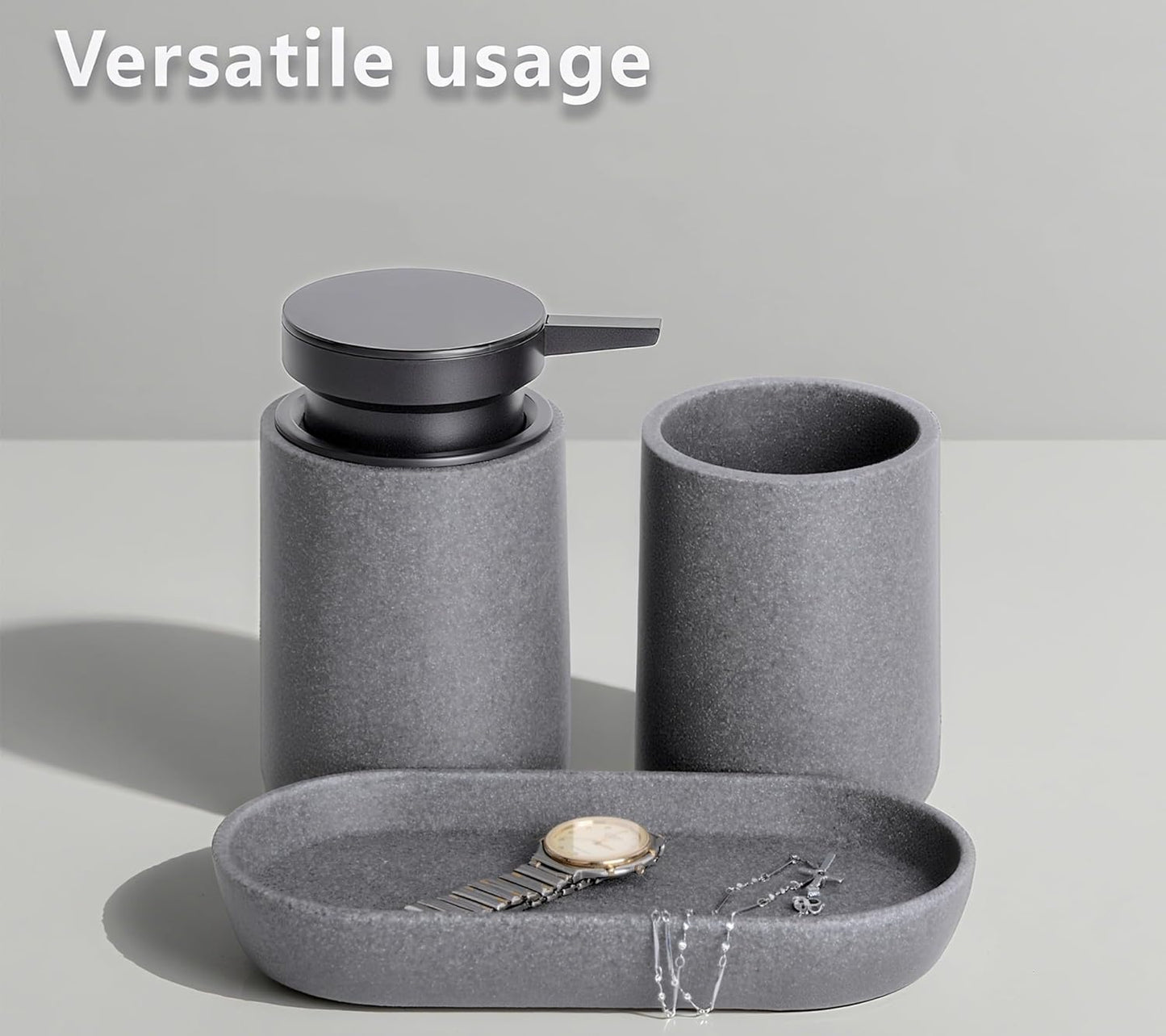 3 Pcs Bathroom Accessories Set, Liquid Soap Dispenser with Large Pump, Toothbrush Holder Cup and Soap Dish, Sandstone Texture Bathroom Counter Set for Modern Home (Gray)