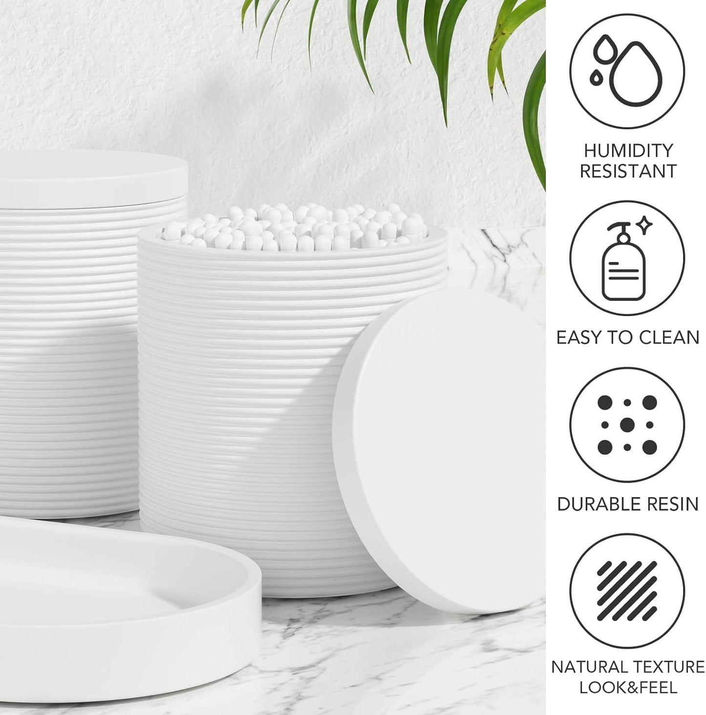 6-Piece Bathroom Accessory Set Resin, White Bath Accessories Complete with Toothbrush Holder, Lotion Soap Dispenser, 2 Qtip Holders,Vanity Tray,Bathroom Tumbler - Countertop Vanity Organizer