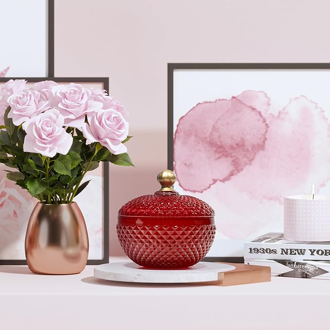 Joeyan 12 oz Small Red Glass Jewelry Box Jars with Lid,Embossed Glass Candy Dishes,Diamond Faceted Food Container,Decorative Apothecary Canisters,Colored Kitchen Bathroom Buffet Storage Organizer