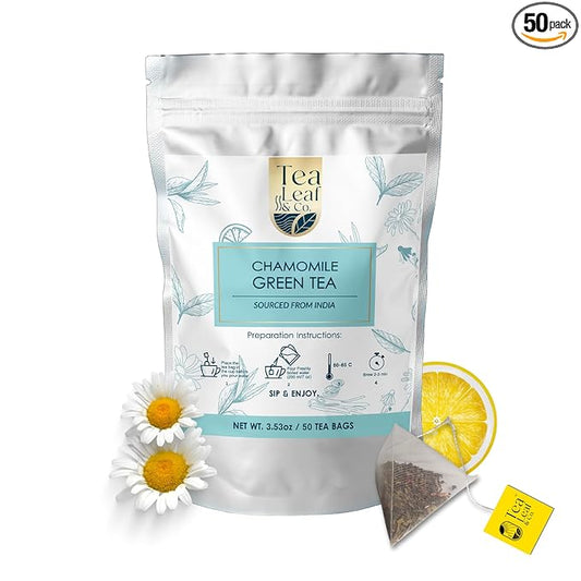 Tea Leaf & Co. Chamomile Green Tea Bags (50 Count), Lemon Extract & Lemongrass Green Tea, Caffeinated, Real & Natural, Blended with Fresh Herbs & Spices, Gluten Free