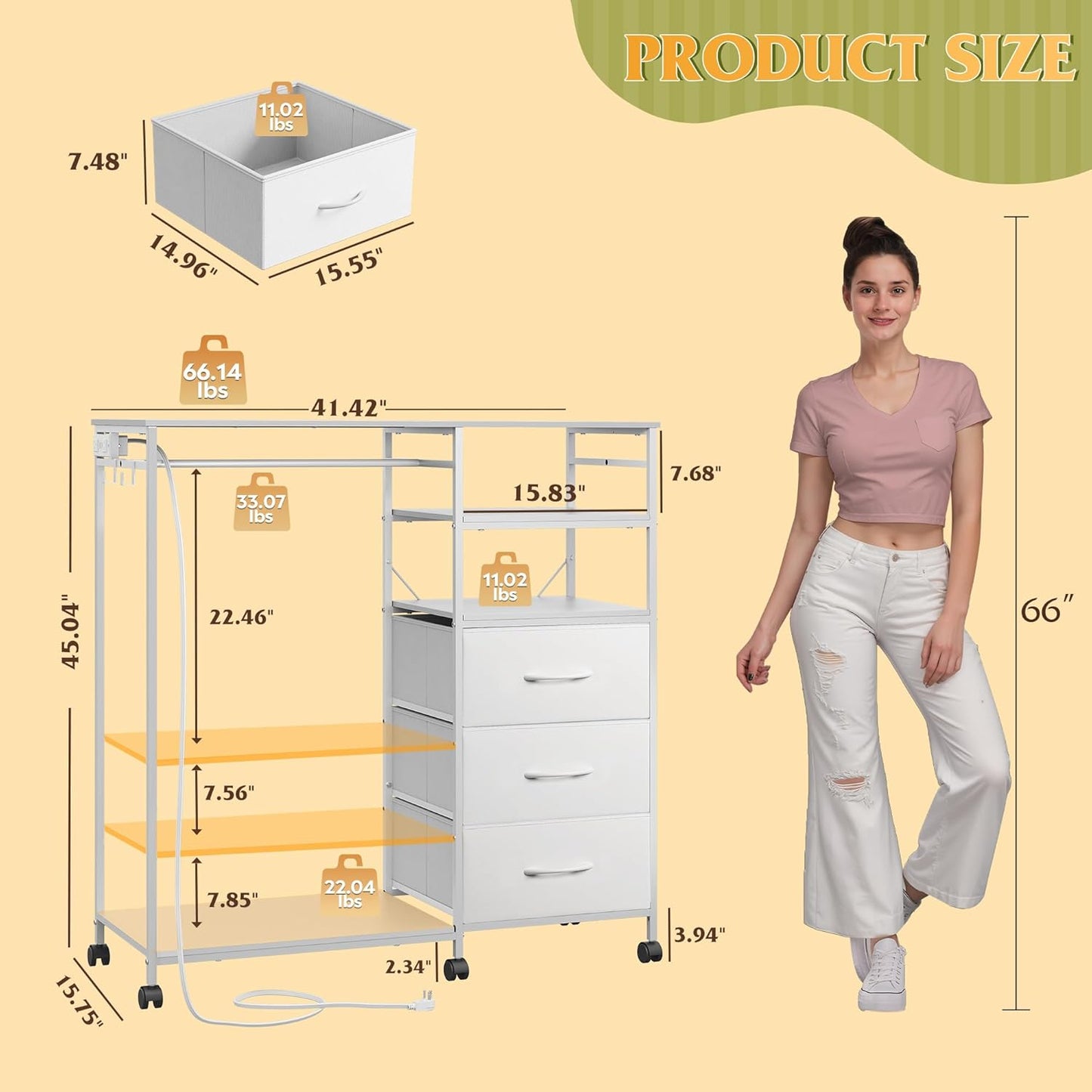 WLIVE 42''W White Dresser for Bedroom with Hanging Rack, 3 Drawer Dresser with LED Lights & Charging Station, Fabric Dressers & Chest of Drawers, Storage Organizer with Open Shelves for Living Room