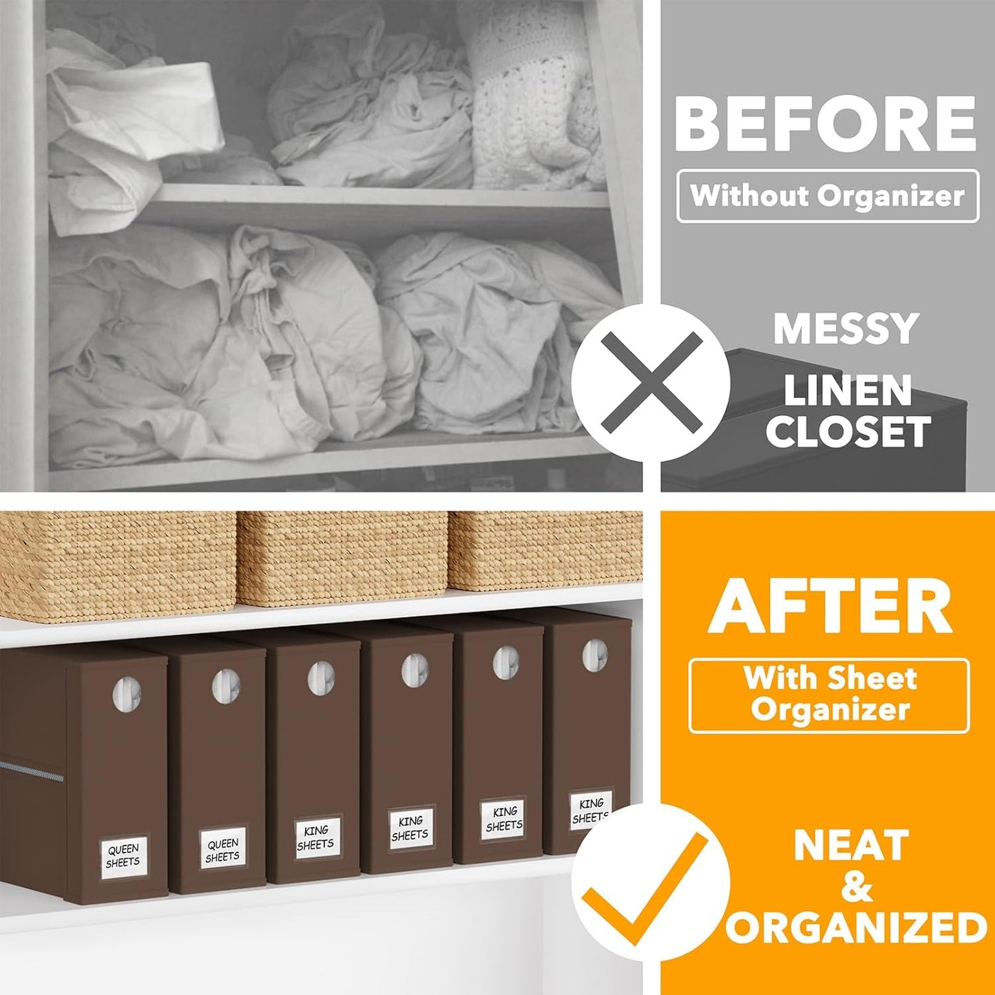 SpaceAid 6 Pack Bed Sheet Organizers and Storage, Foldable Sheet Organizer with Window for Linen Closet, Set Folder Keeper for Queen & King Size Bedding Storage (Brown)