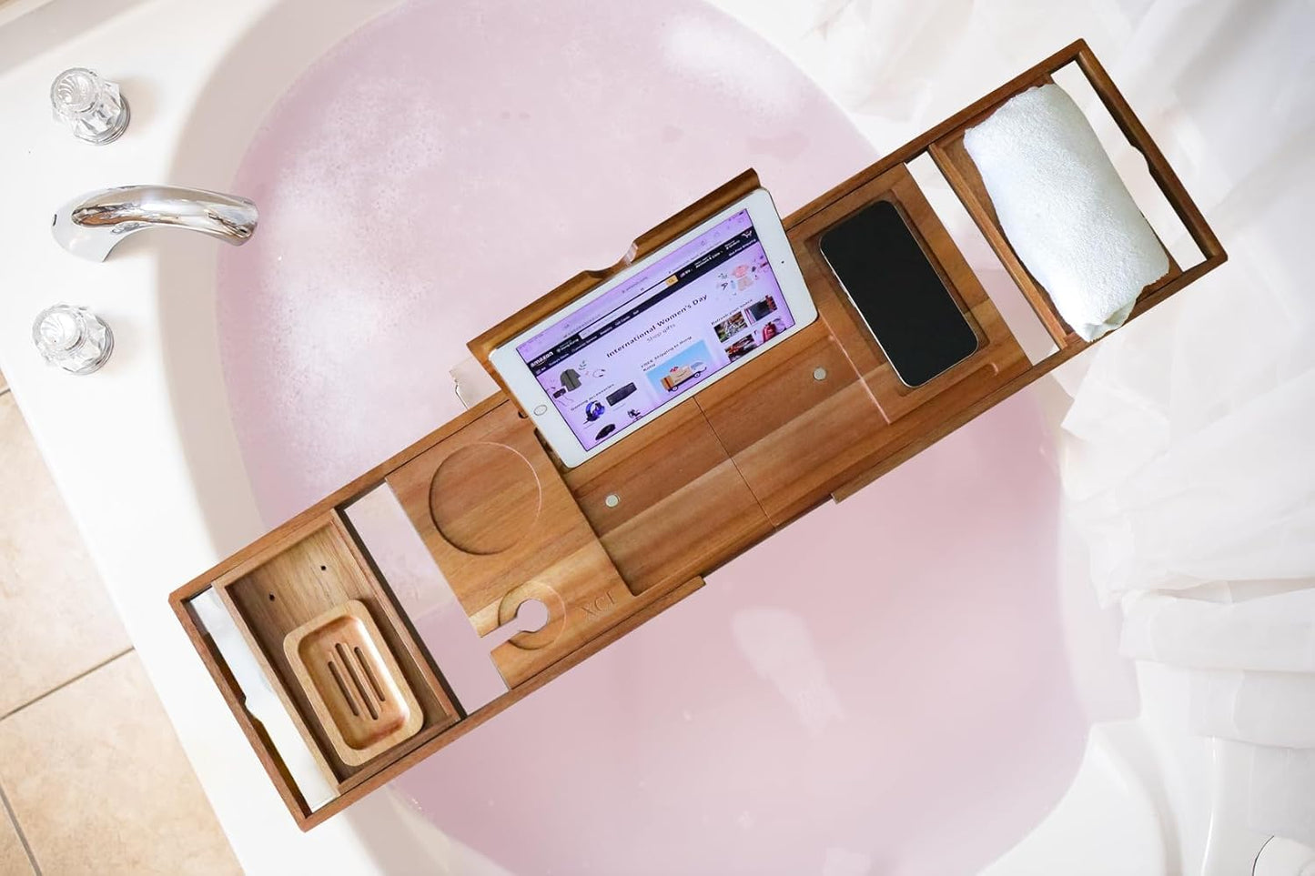 XcE Foldable Bathtub Tray Expandable to 105cm for Luxury Bath, Bath Tray for Bathtub (Acacia Wood)