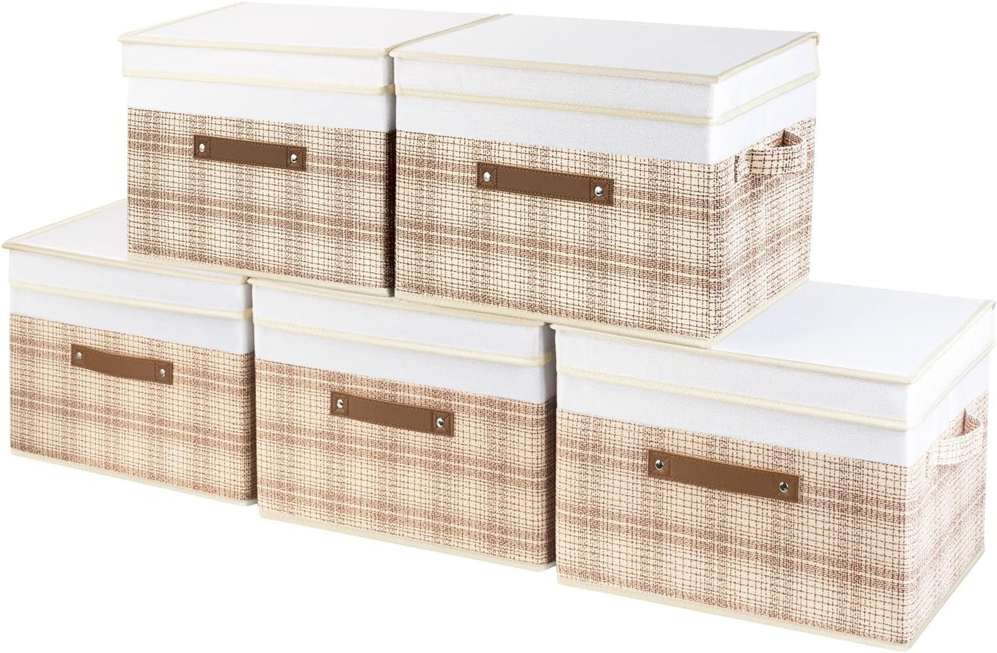 TYEERS Collapsible Storage Bins with Lids, Patchwork Design, Washable, Fabric Storage Boxes, 14.9x9.8x9.8 inches, 5 Pack, Camel Tan