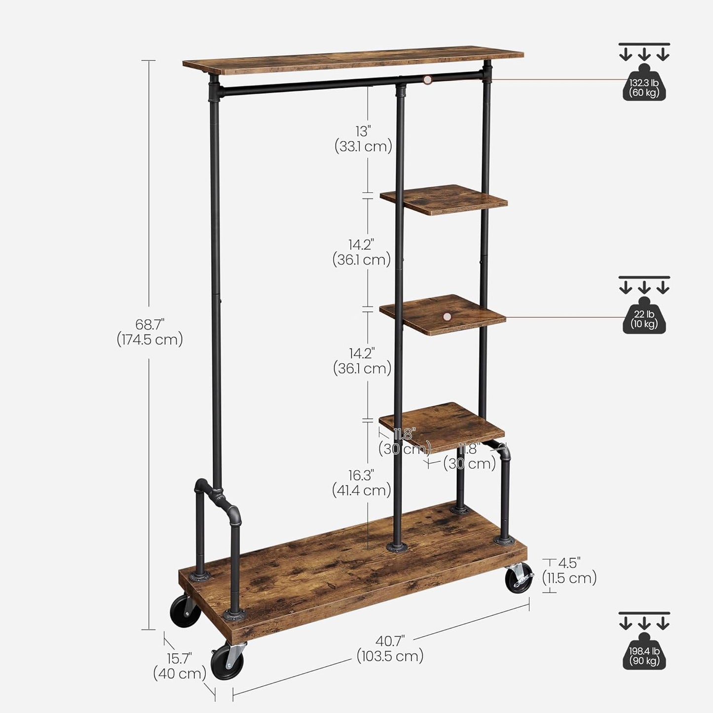 VASAGLE Clothes Rack, Clothing Garment Rack on Wheels, Rolling Clothes Organizer with 5-Tier, Industrial Pipe Style, Rustic Brown UHSR66BX