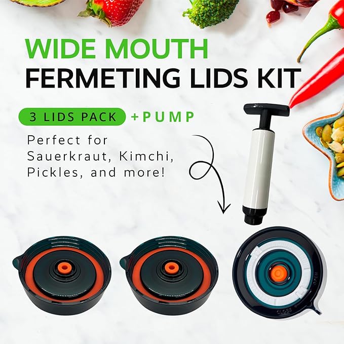 Fermentation Kit, Includes 3 Fermenting Lids for Wide Mouth Mason Jars & Oxygen Extractor Pump, Mason Jar Airlock Lid For Fermenting Kimchi, Pickle, & Sauerkraut