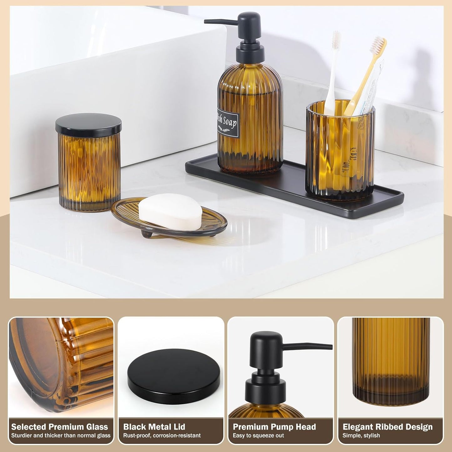 Shinowa Bathroom Accessories Set, 5 Pcs Clear Glass Bathroom Accessory Sets Complete with Soap Dispenser, Toothbrush Holder, Q-Tips Holder, Soap Dish, Ceramic Tray, Vanity Organizer, Brown + Black
