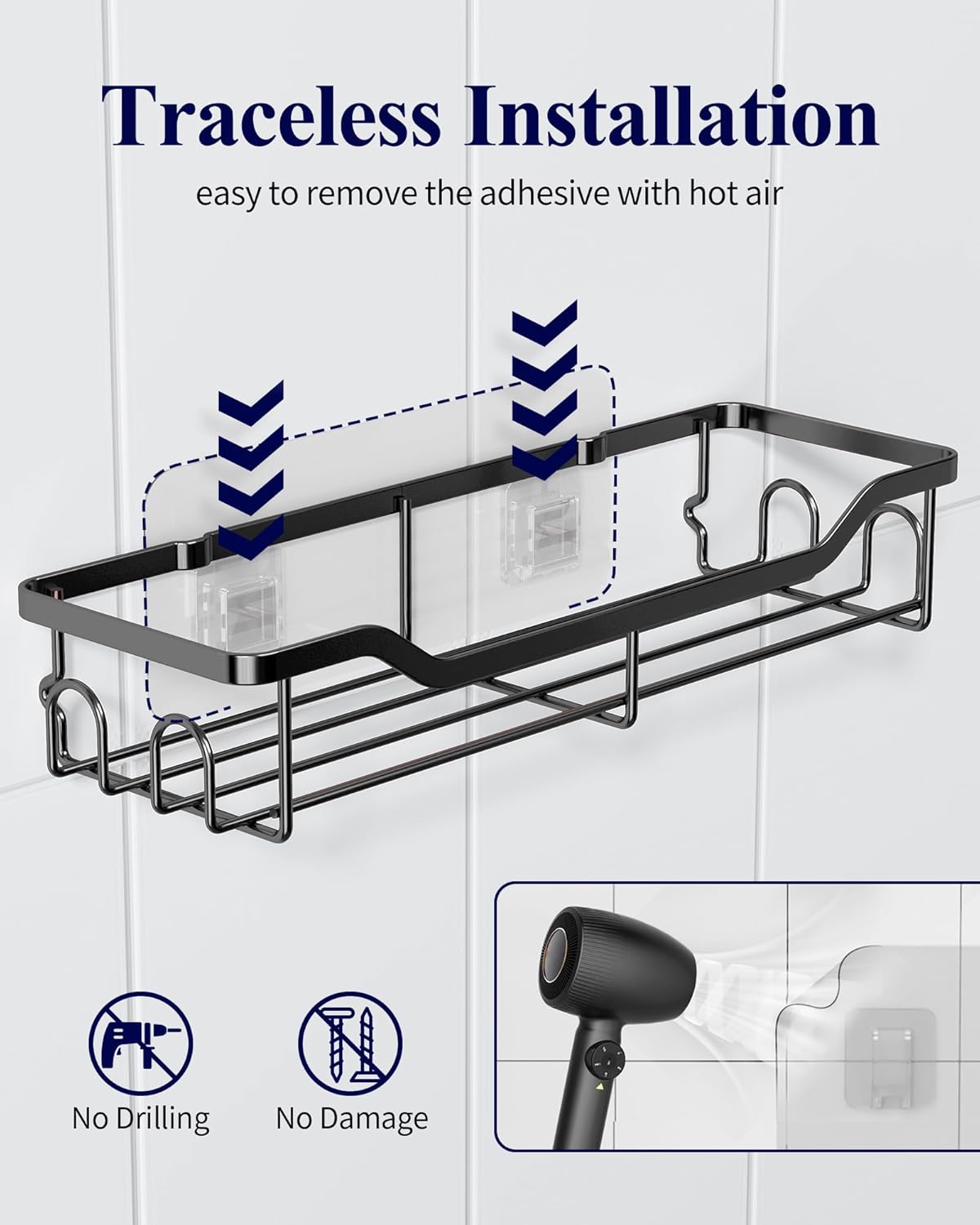 Kitsure Shower Caddy Large - Adhesive Shower Organizer, Stainless Steel Shelf for Inside Shower, No Drill Bathroom Organizers and Storage, Home Decor Accessories, 2 Pack, Black