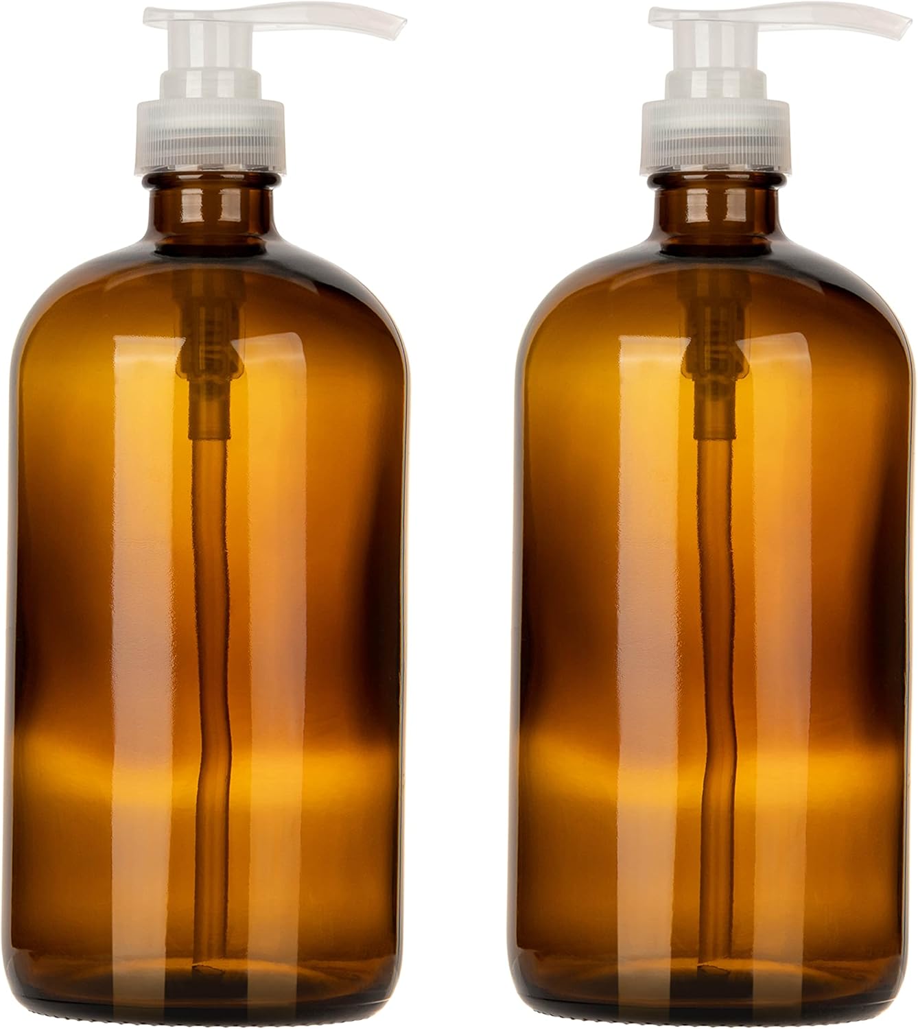 kitchentoolz 32 Ounce Large Amber Glass Boston Round Bottles w/Natural Color Pumps. Great for Lotions, Soaps, Laundry Detergent and Essential Oils - Food Safe and Medical Grade (Pack of 2)