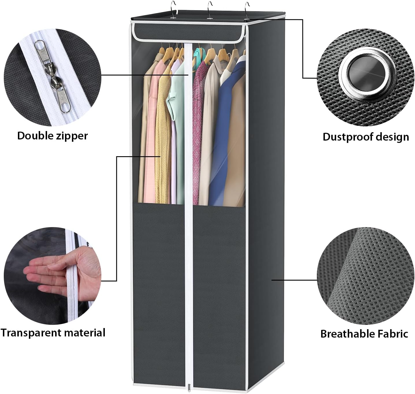 Univivi Garment Bags for Hanging Clothes, 2 Pack Large Clothes Storage Bags Closet Organizer with Clear Window, Premium Hanging Garment Storage Bag for Suits, Coats, Dresses, 54" (Dark Grey)