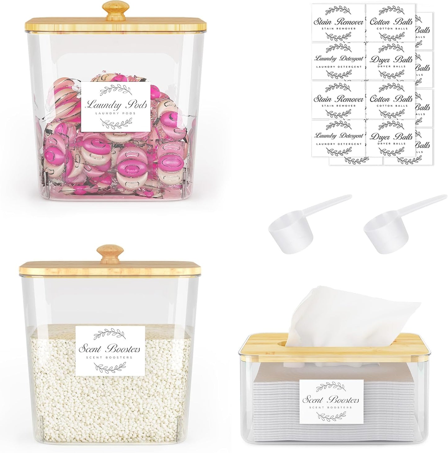 Laundry Room Organization and Storage, Laundry Pods Container and Dryer Sheet Holder with Bamboo Lids and Labels, Laundry Organizer with Scoops for Booster Beads, Powder, Pods, 2+1 Pack