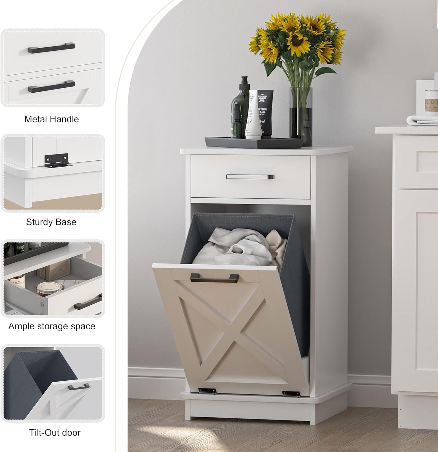 White Tilt Out Laundry Hamper Cabinet Hidden Laundry Hamper with Drawers and Baskets for Bathroom Hamper Cabinet with Storage for Kitchen Living Room,16x16x30in（Barn door panel）