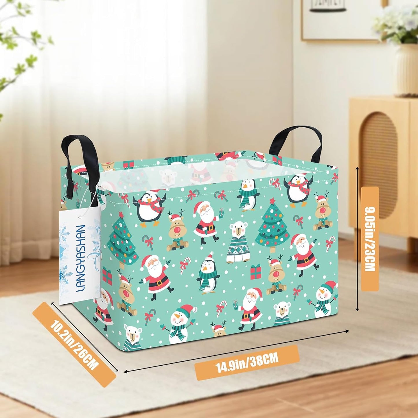 LANGYASHAN Rectangular Christmas Santa Claus Storage Basket with Handles for Organizing Home Kitchen Boys and Girls Toys Office Closet Shelf Baskets (Rec Penguin Santa Claus)