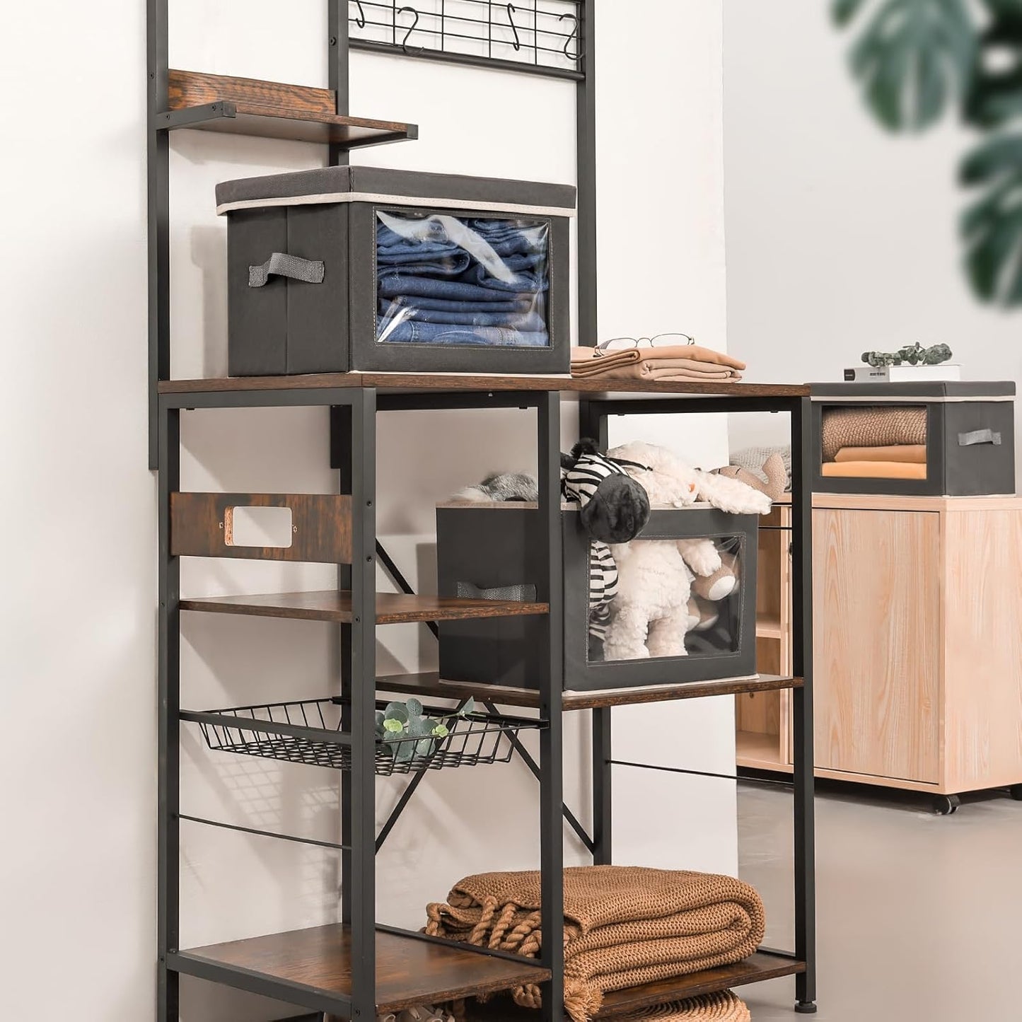 Stackable Storage Bins with Lids - Medium Storage Box with Lids, Foldable Closet Boxes for Organizing, Wardrobe Clothes Organizer with Window, Cubes Bins for Living Room, 5 Pack, Dark Grey