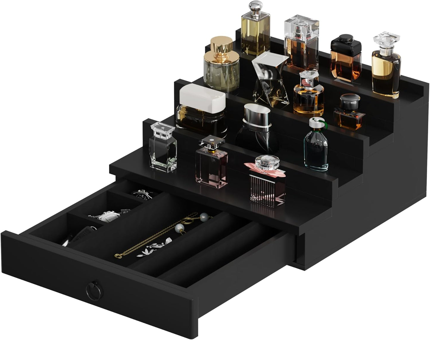 Blisse Cologne/Perfume Organizer, 4-Tier Storage Drawer with Hidden Compartments, Soft-Lined Display Case (Black)