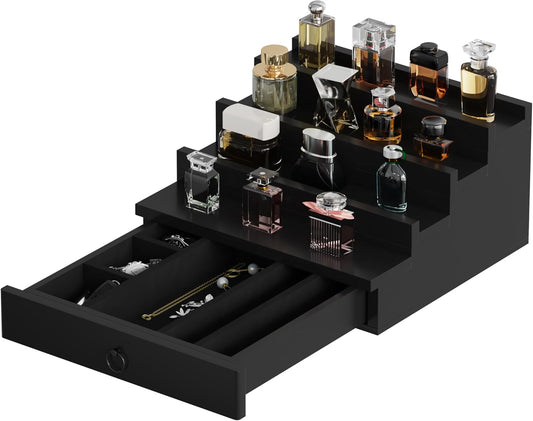 Blisse Cologne/Perfume Organizer, 4-Tier Storage Drawer with Hidden Compartments, Soft-Lined Display Case (Black)
