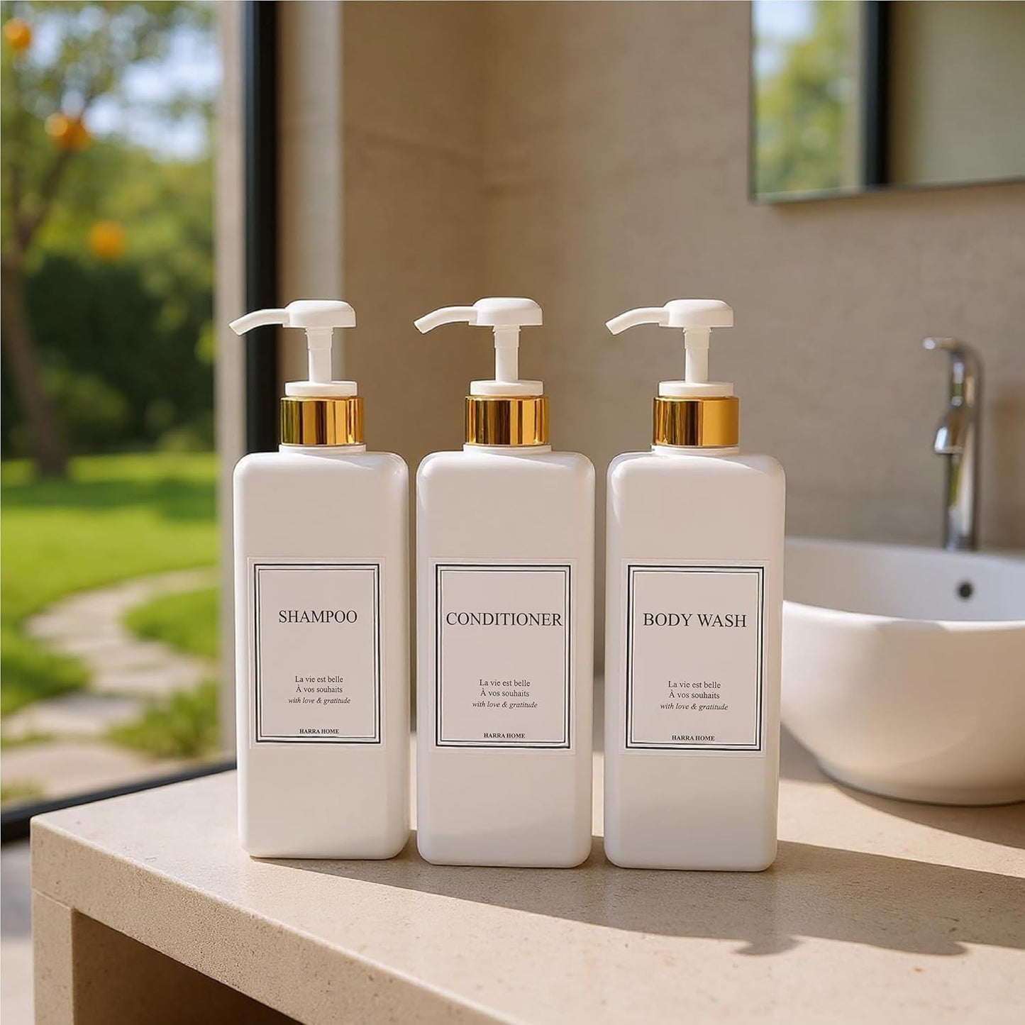 Modern Gold Design Large 27 oz Shampoo and Conditioner Dispensers - Empty Plastic Refillable Pump Bottle Set for Bathroom Shower Soap Dispenser, Gift Box Included, Set of 3 (White)