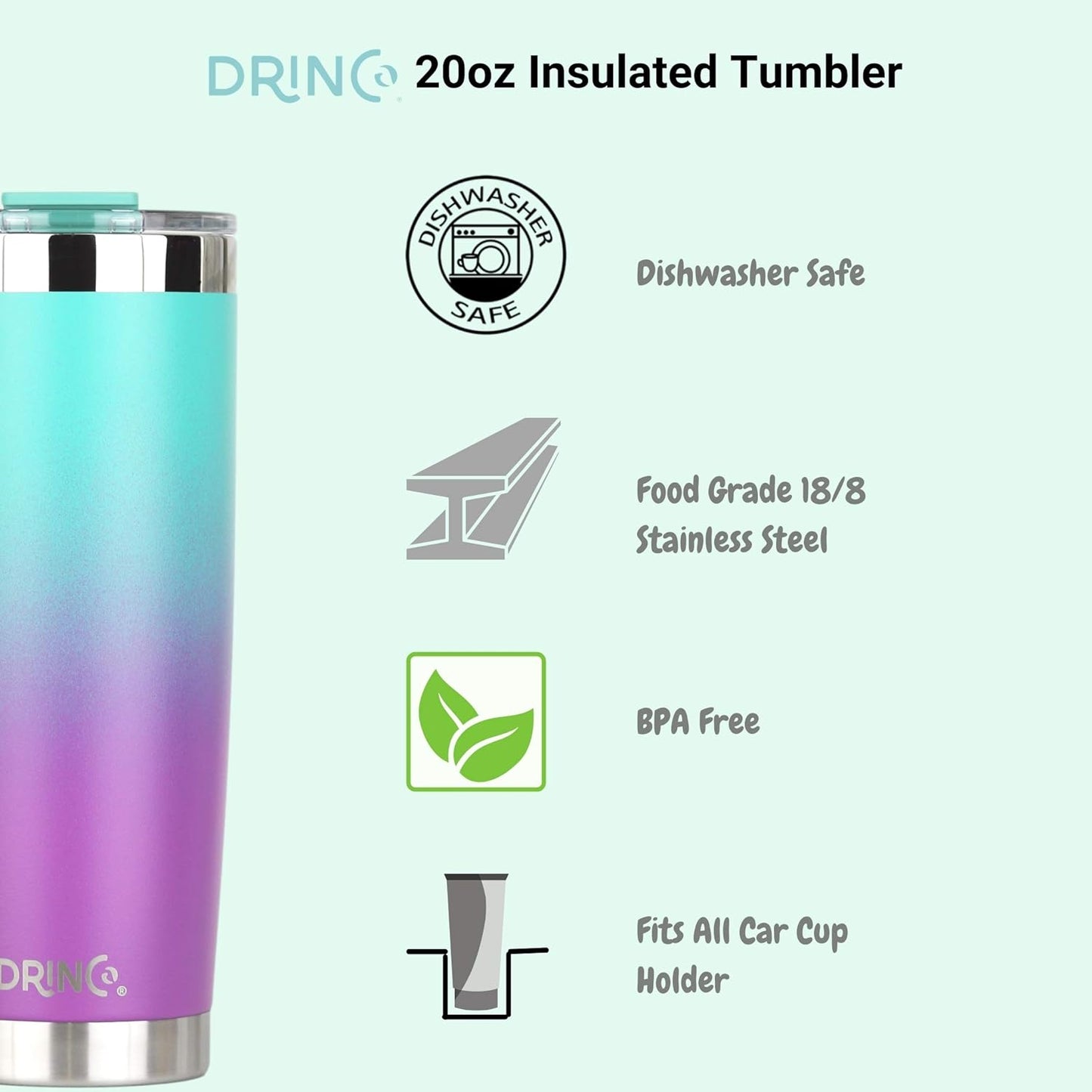 Drinco - 20 oz Stainless Steel Tumbler | Double Walled Vacuum Insulated Mug With Lid, 2 Straws, For Hot & Cold Drinks (20oz Ombre Fuschia Teal, 20oz)