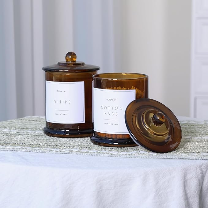 Qtip Holder & Cotton Pad Dispenser, Bathroom Organizer and Storage Canisters, 16oz Glass Apothecary Jars for Kitchen, Restroom - Home Decor Accessories, Room Decor Aesthetic (2 Pack, Amber)