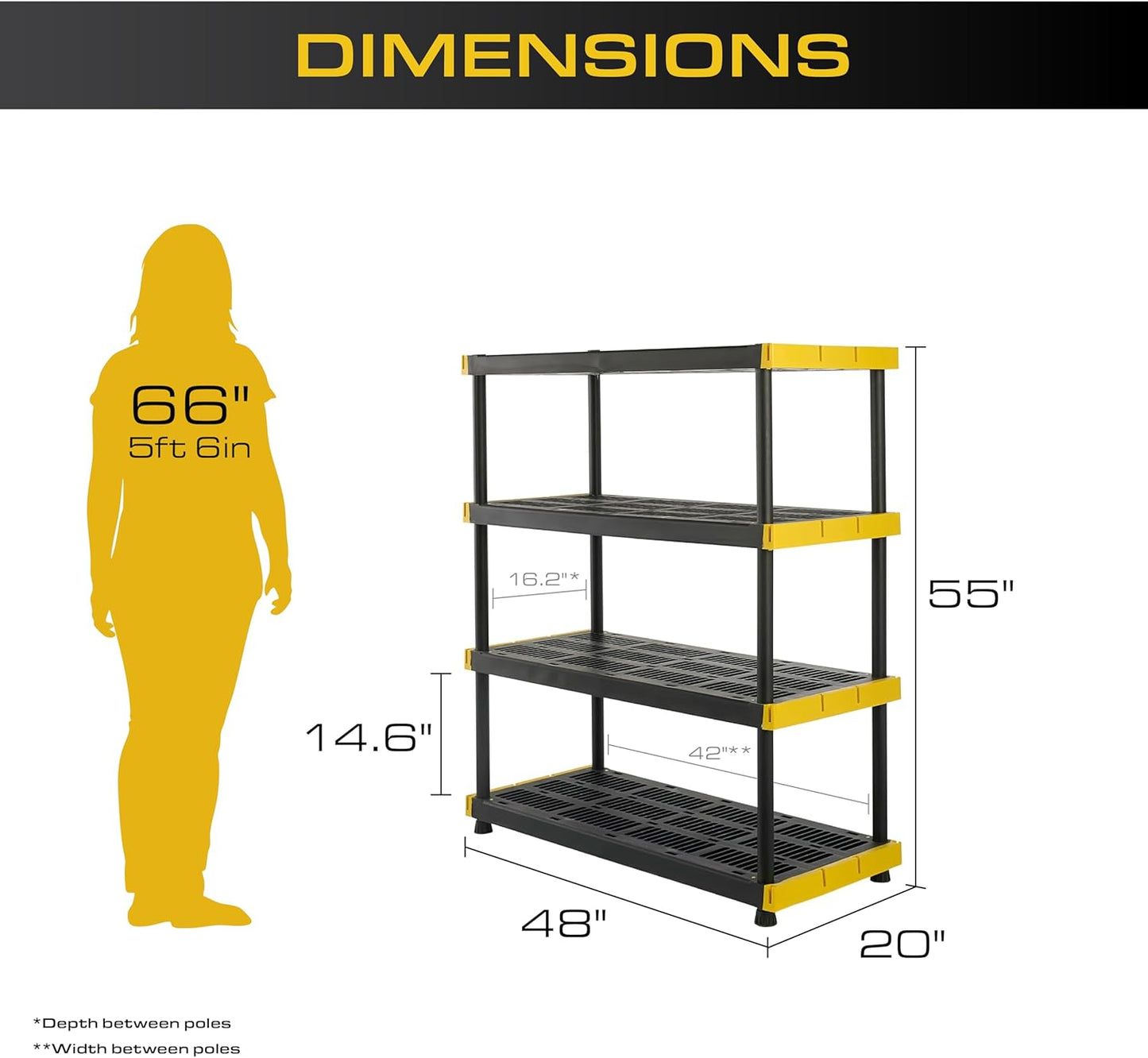 BLACK & YELLOW, 4-Tier Heavy Duty Plastic Storage Shelving Unit, 200lbs/shelf (55"H x 48"W x 20"D), for Indoor/Outdoor Organization, Modular Rack