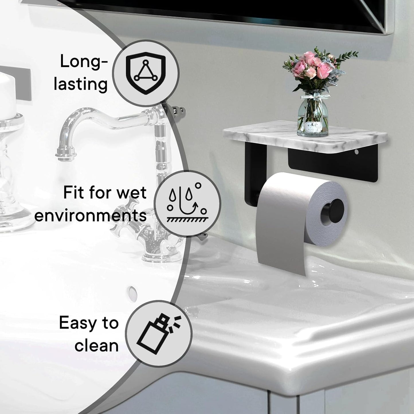 Toilet Paper Holder with Natural Marble Shelf for Bathroom Washroom,Wall Mounted Tissue Holder Suitable for Mega Roll (Small 6.7 * 4.3 in Matte Black)