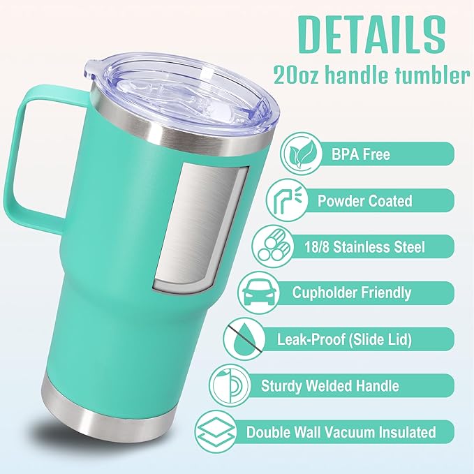 20 oz Tumbler with Handle and Lid, Stainless Steel Tumbler Insulated Travel Coffee Mug, Spill Proof Double Wall Vacuum Tumbler Cup Keep Drink Hot & Cold, Light Blue, 1 Pack