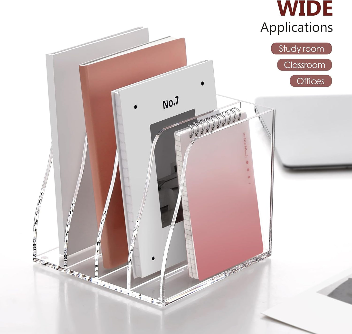 SANRUI Acrylic File Organizer, Compact Desk Organizer for Folders, Binders, Notebooks, Envelopes, Vertical Binder Storage Organizer, 4 Section Bookshelf for School Home Office Organization