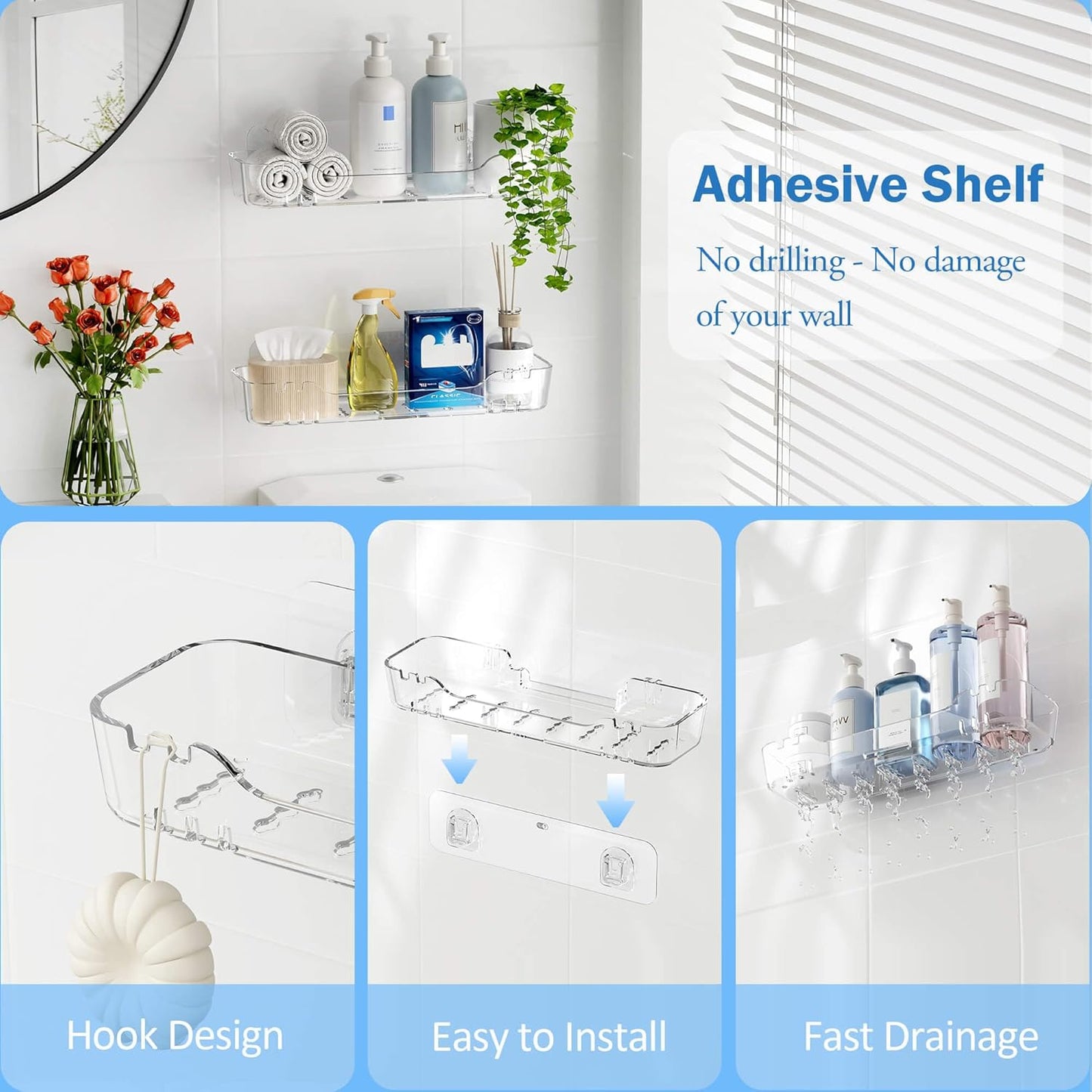 TZAMLI Acrylic Shower Caddy, Wall Mounted Adhesive Shelves with Lip, No Drilling Shower Organizer Clear Shelf for Bathroom Toilet Kitchen Storage, Long