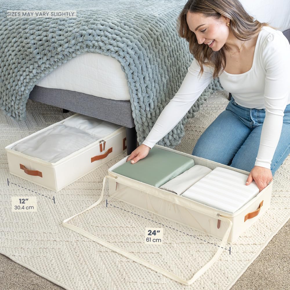 OrganiHaus Under Bed Storage Containers, Bedroom Storage and Organization Bins, Clothes Organizer for Closet with Clear Cover and Reinforced Handles - Set of 2 23.5x12.5x5 inches Off-White