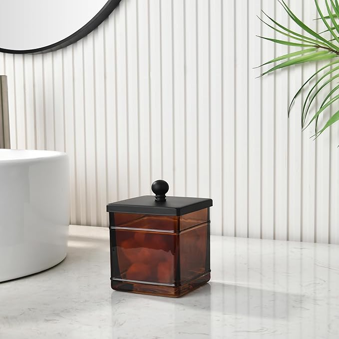 Amber Glass Cotton Jar Holder – Black Lid Elegant Bathroom Storage Canister for Qtips, Cotton Balls, Floss, Makeup Organizer, Vanity & Bathroom Organization