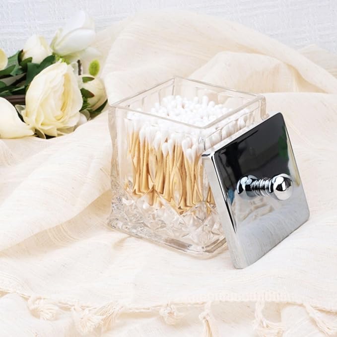 Qtip Holder,15Oz Clear Glass Apothecary Jars with Silver Lids for Bathroom Organization & Desk Storage,Thick Glass Apothecary Jars for Q-Tips,Cotton Rounds,Jewelry,Candy,Square