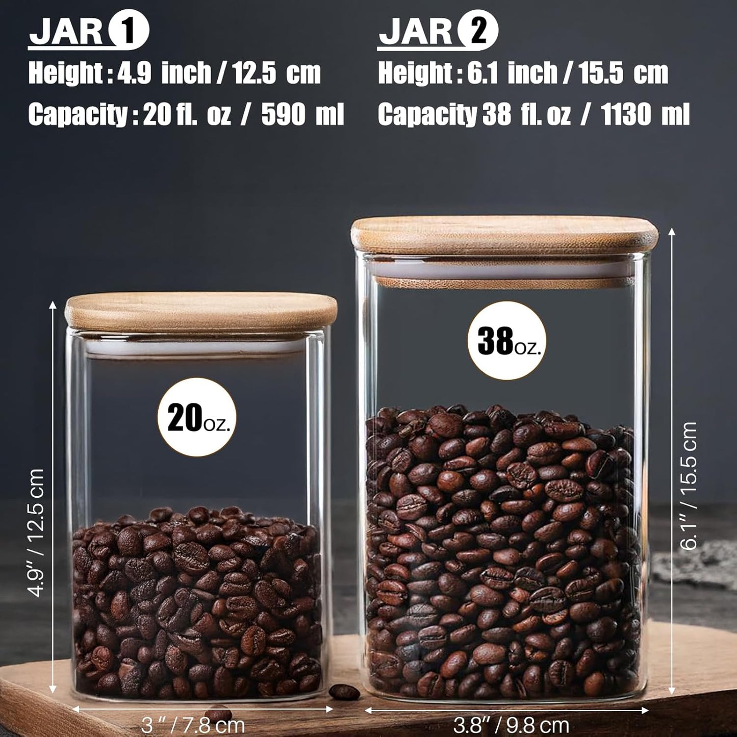 6 Pack Glass Food Storage Jars with Airtight Lids, Clear Glass Jar with Bamboo Lid, Airtight Food Canister for Tea, Candy, Coffee, Sugar, Cookie, Snack. (Square| 5+6 Inch) SET of 3