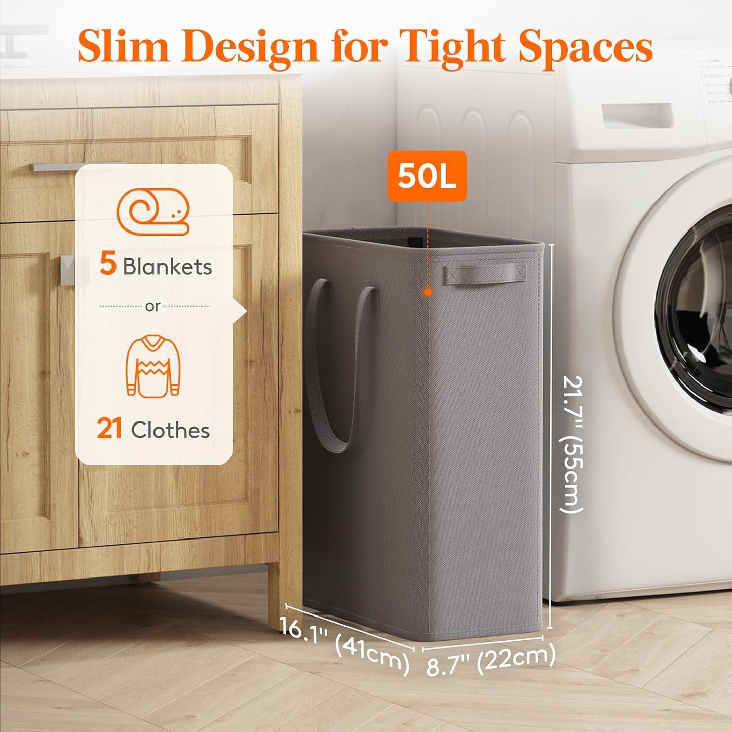 Lifewit 2 Pack Slim Laundry Hamper, Collapsible Narrow Laundry Basket, Small Tall Dirty Clothes Hampers with Handles for Bathroom Bedroom College Dorm, Grey, 50L