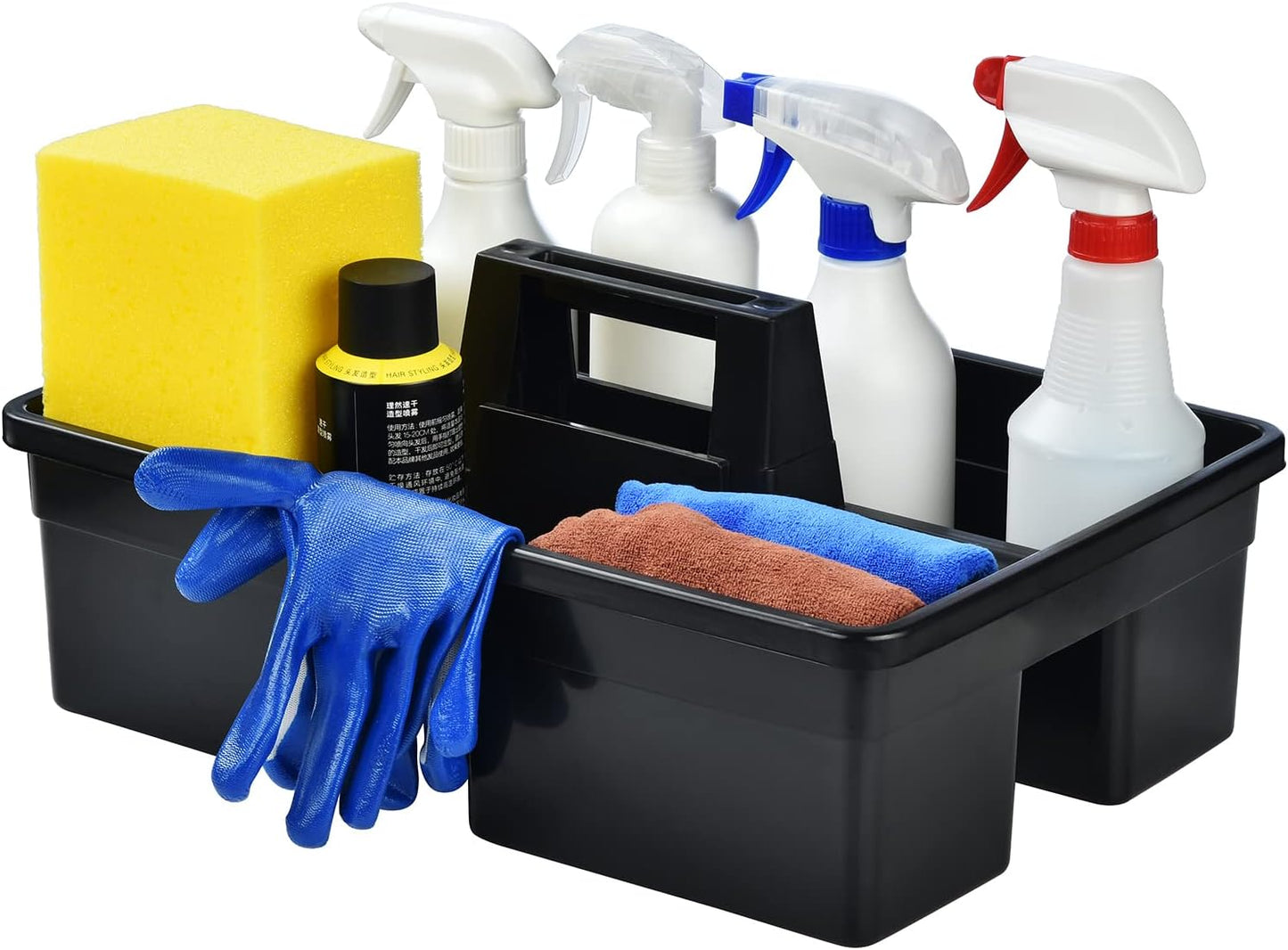 3-Compartment Plastic Cleaning Caddy Basket – Stackable Large Commercial Quality Plastic Tool Organizer Bucket with Handle, Black