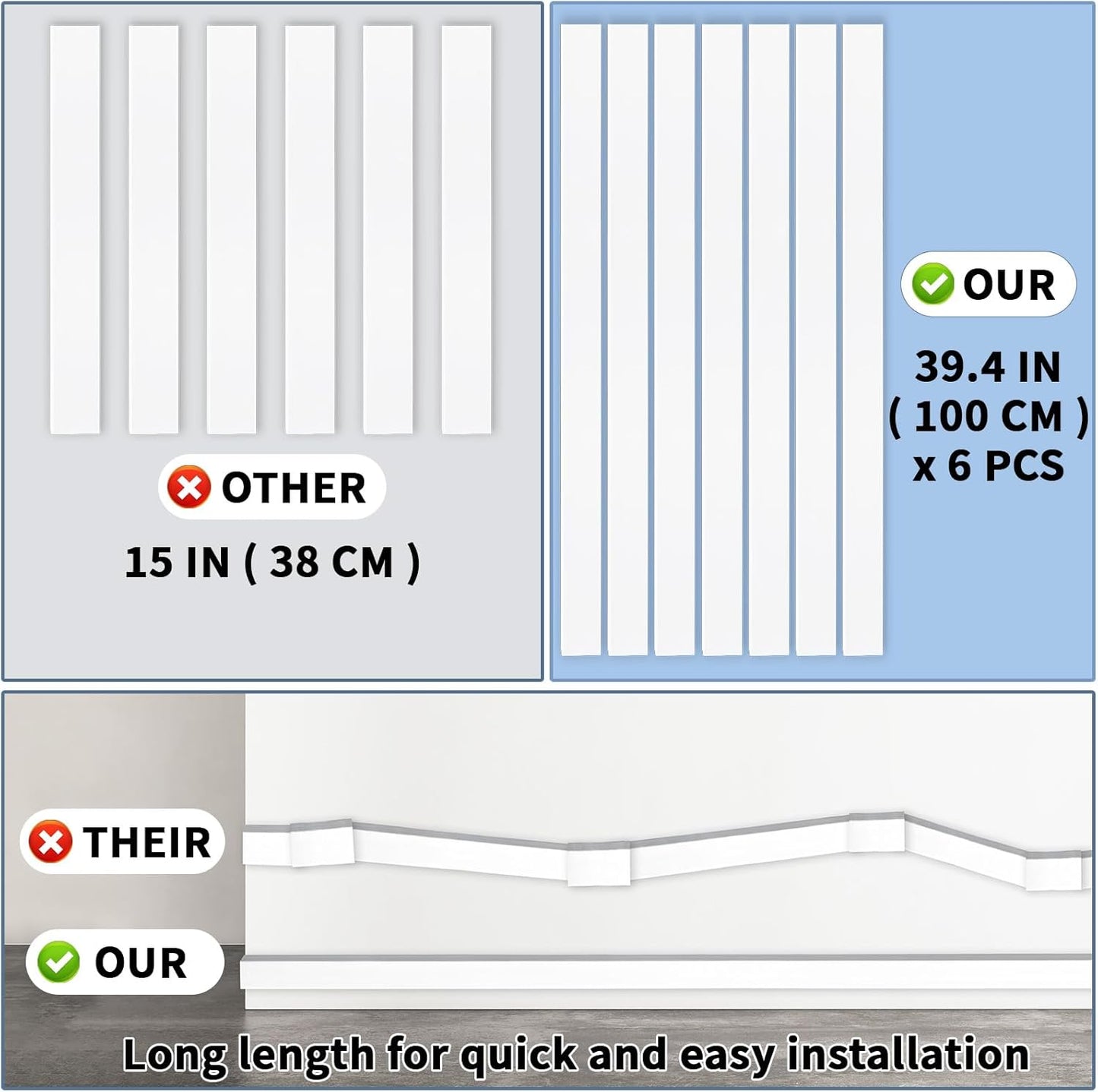 236in Cord Hider Kit, Cord Covers for Wires on Wall, Long, Large, Cord Hider for Wall Mount tv, Paintable Cable Raceway, tv Cable Hider Wall kit, Wire Covers for Cords,6X(L39.4in W0.95in H0.5in) White