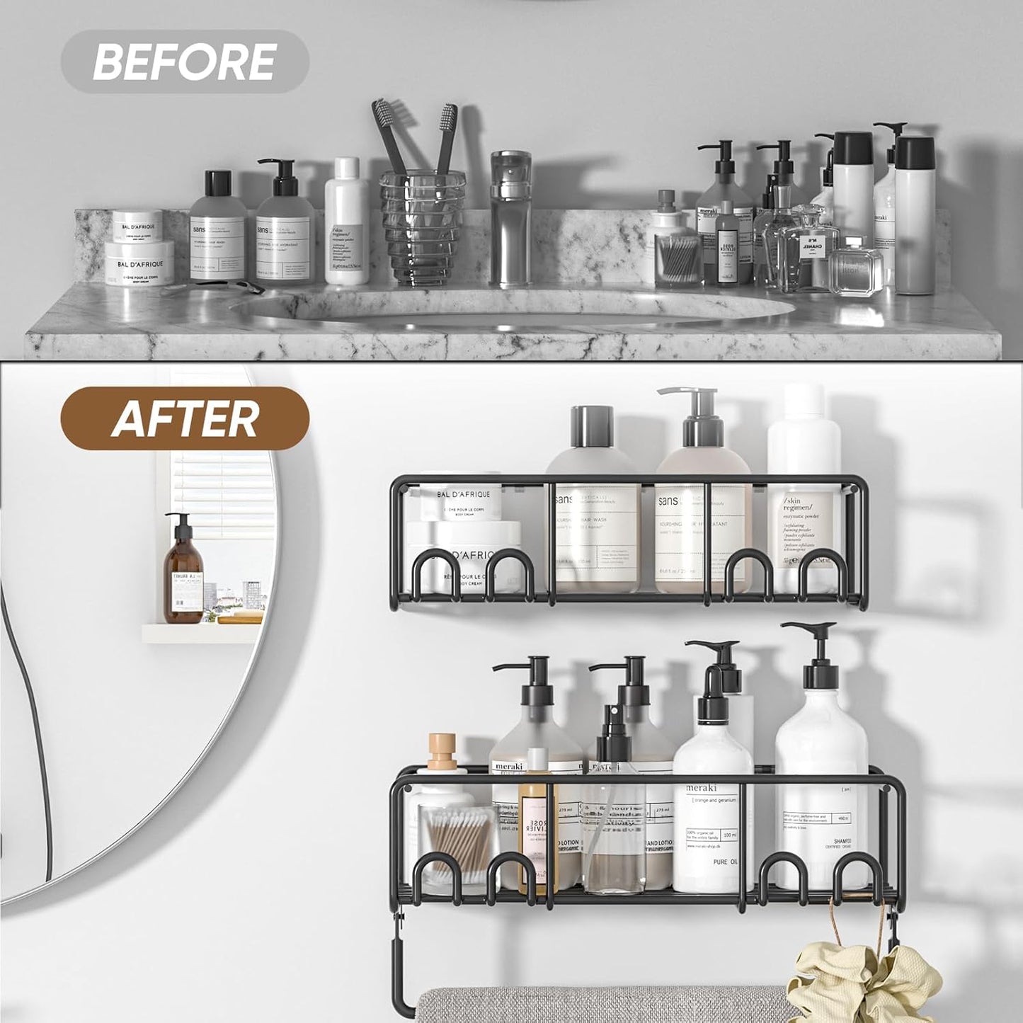 Adhesive Shower Caddy, Shower Shelves with Rustproof Coated, Wall Mounted Bathroom Organizer, Sleek Bathroom Organizers and Storage, No-Drilling (Black, 2 Pack)