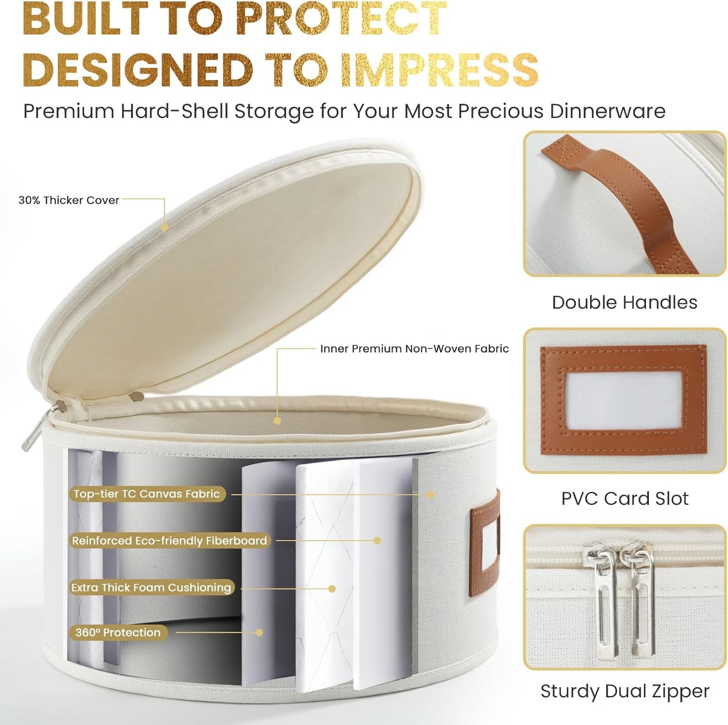 HOMELUX THEORY Plate Storage Box, 4pc Ivory Hard Shell China Storage Containers with 48 Felt Pads, Kitchen Storage Bins With Lids, Moving Box with Handles for Dishes, Dinner Plate & Platter